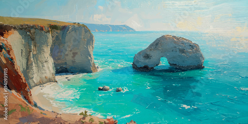 Oil Painting Coastal Cliff with Natural Sea Arch and Turquoise Ocean