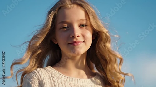 Blonde girl smiling with eyes closed in sunlight, outdoor portrait, blue sky background