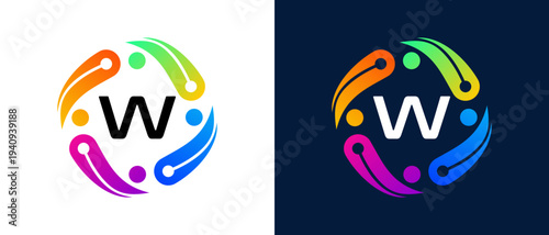 Modern letter “W” logo with a digital technology and connectivity concept Circular abstract design featuring vibrant gradient elements that symbolize innovation, collaboration