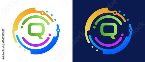 Modern letter “Q” logo with circular abstract elements and colorful gradient design, symbolizing digital technology, innovation, data connectivity, and modern branding.