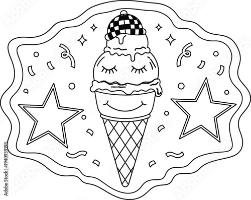Coloring page of a smiling ice cream cone with stars and sparkles
