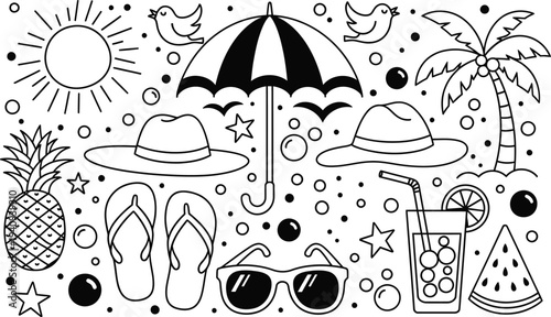Summer vacation coloring page for kids with beach hats sunglasses and tropical drinks
