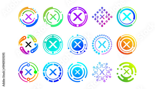 Collection of colorful letter X technology logos with circular, network, and digital elements. Modern abstract symbols for AI, innovation, startups, apps, and futuristic tech branding.