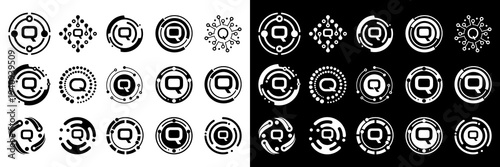 Futuristic letter Q logo designs with high-tech circular structures and digital motion elements. Suitable for quantum tech, innovation labs, and modern branding.