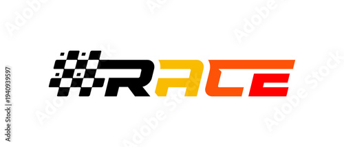 Modern racing-themed logo featuring the word “RACE” in bold black typography, combined with red checkered flag elements on the left and dynamic arrow shapes in yellow, orange, and red on the right.