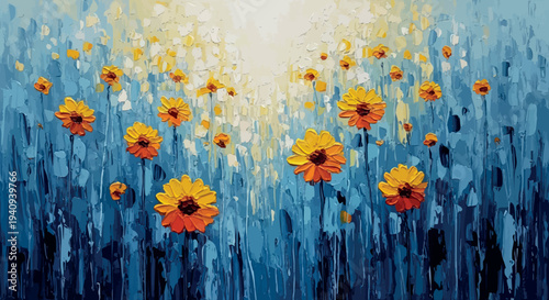 Yellow Wildflowers in Blue Field Oil Painting Background