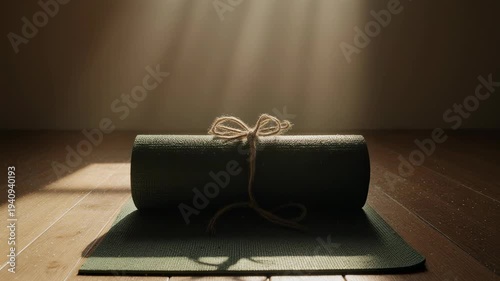 The Yoga Mat Roll. Lifestyle-Ready Soccer/Football Product Mockup. Sports Lifestyle. Forest-green eco-friendly yoga mat rolled up and tied with a simple twine, set in a sun-drenched minimalist studio
