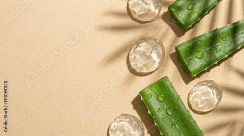 Flat lay of aloe vera gel scoops and cut aloe leaf segments arranged diagonally on a soft sandy textured background, realistic wet gel shine and organic shadows