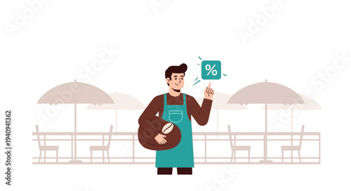 Barista with Coffee Beans Offers Discount at Outdoor Cafe