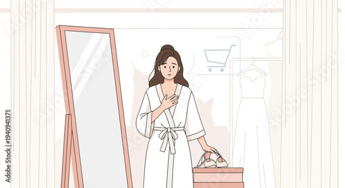 Bride in white robe looking stressed in dressing room with wedding dress and mirror