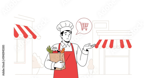 Chef with grocery bag and shopping cart icon, representing delivery or online shopping