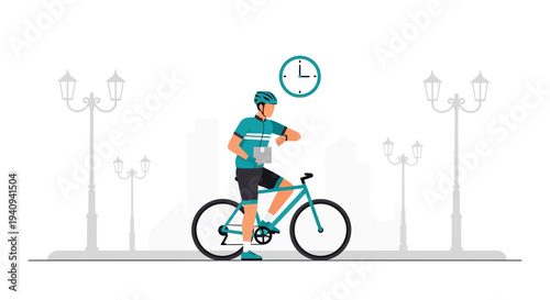 Cyclist checking smartwatch on bicycle with clock in background, urban street