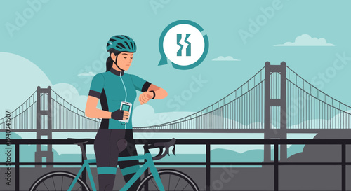 Cyclist checking smartwatch with bridge and city skyline in background