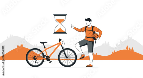 Cyclist with Bicycle and Hourglass, Time for Outdoor Adventure and Exercise