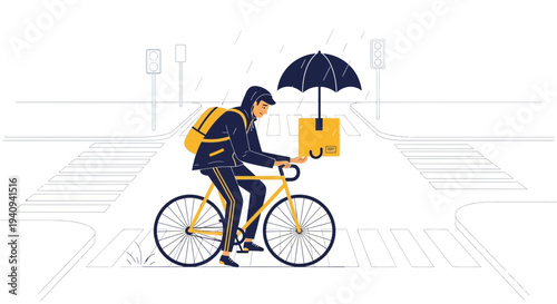 Delivery cyclist with umbrella protecting package in rain on city street