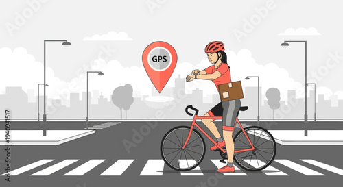 Delivery cyclist with GPS navigation on smartwatch, urban street, city background