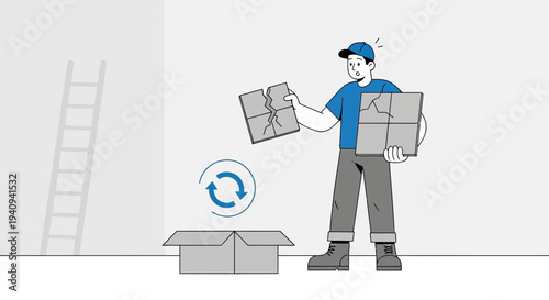 Delivery Man With Damaged Package and Return Arrows, Logistics Concept