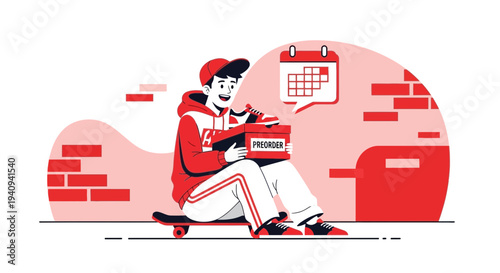 Delivery Man Sitting on Skateboard with Package and Calendar, Fast Delivery Concept