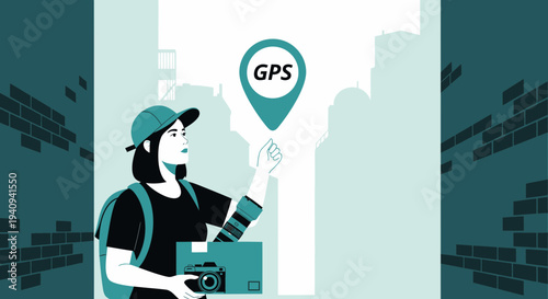 Delivery person with GPS map pin and package, urban background