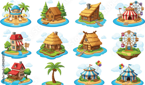 Cartoon island buildings and amusement park elements set, colorful fantasy houses, circus tent, ferris wheel, palm tree and cottages on small floating islands