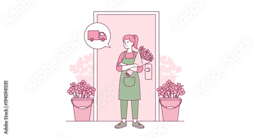 Delivery Woman with Flowers Waiting at Doorway, Pink and Green Palette