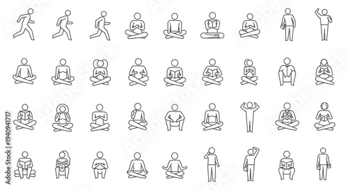 minimalist line art icons depicting diverse people meditating reading and engaging in various daily activities