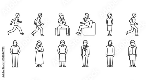 minimalist line art icons showcasing diverse human figures performing actions like running standing and thinking for ux and ui design.