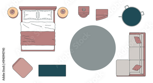 modern furniture top view for interior design planning illustrating home decor and room layout elements