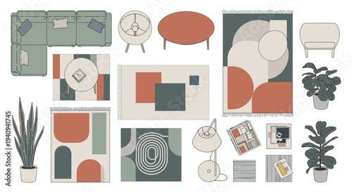 modern minimalist interior design concept illustration showcasing various furniture abstract rugs and potted plants.