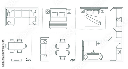 various interior design elements and apartment floor plan layouts in a top-down view perfect for home planning
