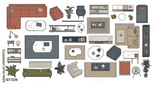 top-down set icon collection of modern home furniture and decor for interior design room layout planning and architectural floor plans isolated on white background.