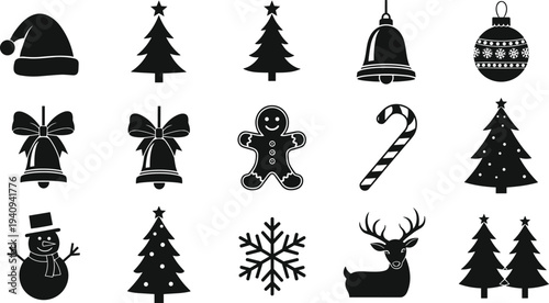 Christmas holiday icon set with tree, snowflake, gingerbread man, candy cane, bell, deer and ornaments, black silhouette festive winter symbols collection vector