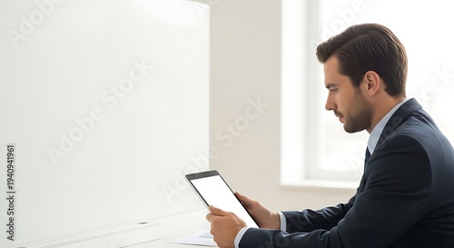 Young businessman in a suit holding a tablet computer and looking at its screen in an office
