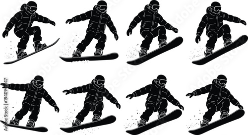 Collection of snowboarder silhouette poses performing jumps and tricks isolated on light background, winter sport athlete action sequence vector illustration for extreme sports design