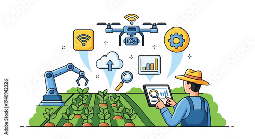 Modern farmer using technology to monitor and manage agricultural farm with robotic assistance