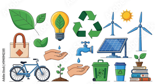 Sustainable living concept with eco-friendly practices and renewable energy sources illustration design