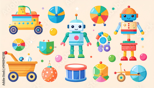 Cute cartoon kids toys set with robot, toy car, balls, drum and wagon colorful vector illustration
