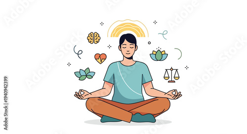 Man meditating peacefully surrounded by wellness and balance symbols in vector graphic illustration