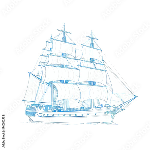 A detailed blue line art drawing of a classic tall sailing ship with multiple masts and full sails on a white background.