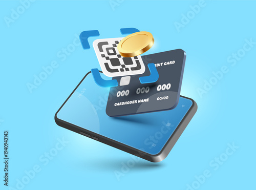 QR code and black credit card float in the air on a smartphone screen ideal for advertising online financial transactions or online payments via banking apps, vector 3d isolated for financial online