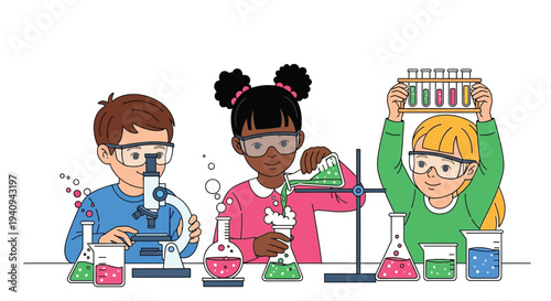 Young students engaging in a fun science experiment activity together with colorful liquids