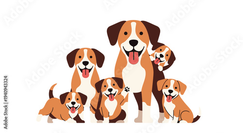 Happy dog family with playful puppies in a cartoon style vector graphic illustration design