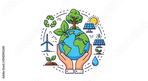 Hands holding earth with eco friendly elements in a circular design concept