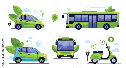 Electric vehicles illustration showcasing eco friendly transportation with green cars and public transit