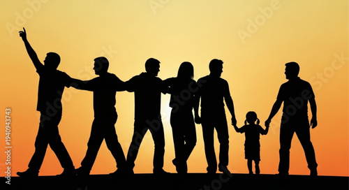 Silhouette of a happy family and friends walking together at sunset.