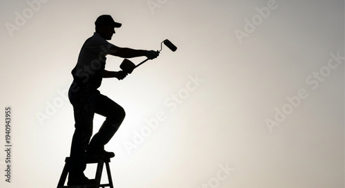 Silhouette of a painter standing on a ladder painting a wall.