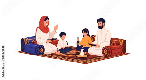 Muslim family sharing meal on traditional rug at home cozy indoor lifestyle scene