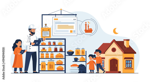 Family moving into smart home with real estate agent and  children illustration flat design