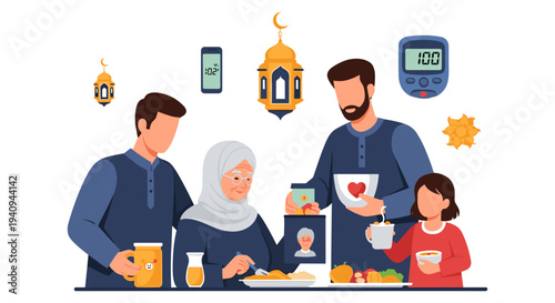 Happy family celebrating birthday with gifts and cake at home party in cozy living room