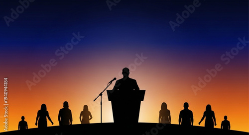 Silhouette of a speaker at a podium addressing an audience.